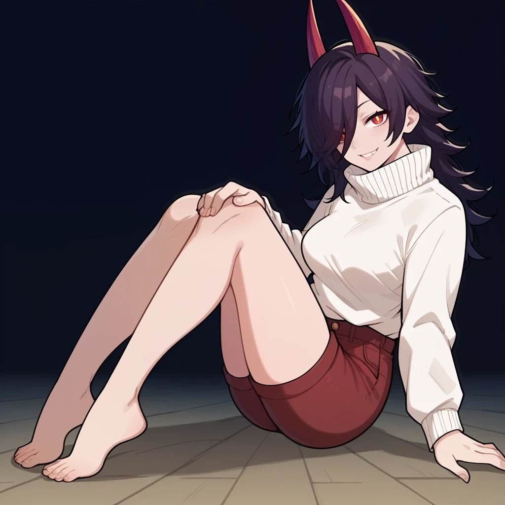 score_9, score_8_up, score_7_up, score_6_up, score_5_up, score_4_up, source_anime, screencap, outlines, 1girl, dark hair, red horns, red eyes, yellow pupils, over one eye hair, hair between eyes, sexy, white sweater, shorts, mature female, medium breasts, (full body shot:1.1), simple background, black background, sitting on floor, bent knees, fetal position, looking at viewer, smile, from side, hands on knees, l0ngg,