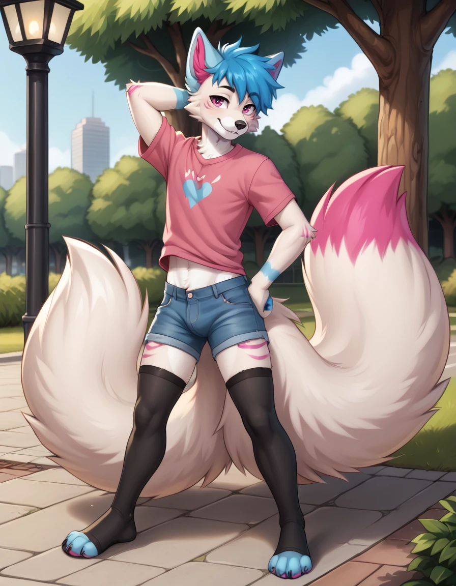 outdoors,park,
Oliver,1boy,solo,blue hair,furry male,fox,animal ears,pink eyes,white fur,body fur,short hair,tail,bangs,two-tone fur,animal nose,snout,fox tail,fox ears,purple eyes,animal ear fluff,
full body,seductive smile,long eyelashes,
denim shorts, pink t-shirt, black thighhighs, 
<lora:Oliver_v01_PDXL:1>,