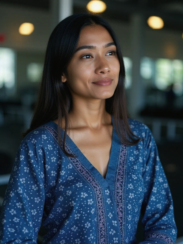 headshot photo of desi_light  skin color rubensque woman, candid photo with natural colors, amused expression on face,studio quality, wearing intricate conservative long sleeved Indigo Bandhani Dress, straight hair, at Gym, cinematic soft lighting <lora:DesiCoffee_Flux_Kohya_LoRA_v2:1>âââ