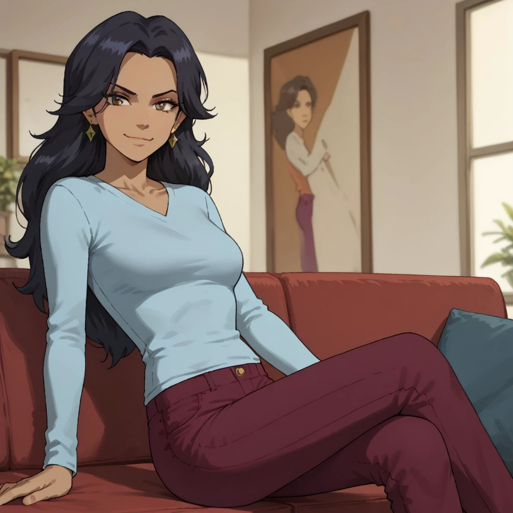 score_9, score_8, score_7, break,susan_v, 1girl, long hair, black hair, earrings, brown eyes, dark skin, shirt, long sleeves, pants, medium breasts, sitting, sofa, smirk, looking at viewer