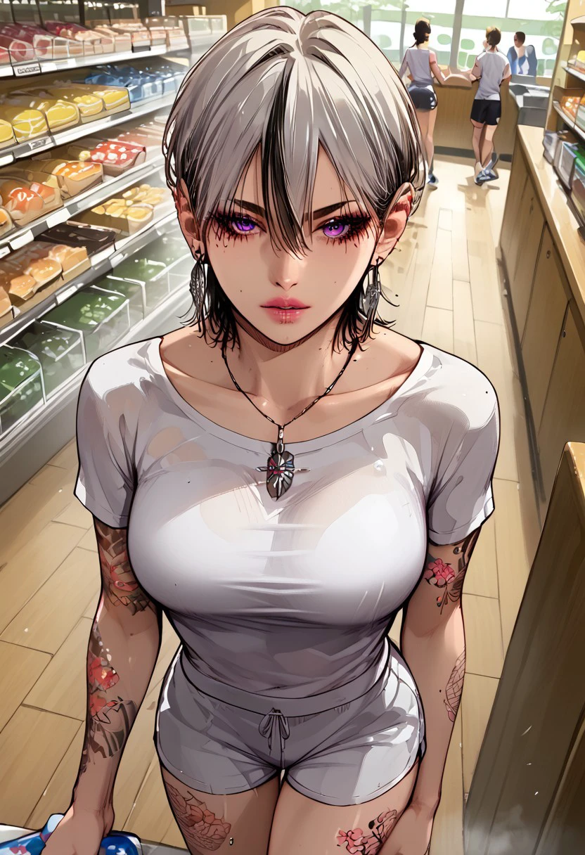 score_9, score_8_up, score_7_up, (source_anime), 1girl, (masterpiece, best quality, ultra-detailed, high quality, high res), solo, 1girl, perfect female anatomy, Takeda Kaneshiro,Hair(Hafl white half black),Wolf cut mullet,Short hair,Purple eyes,Tattoos,Long earrings,Necklace, large breasts, shorts, t-shirt, tube top inside, sport shoes, view from opposite, in supermarket