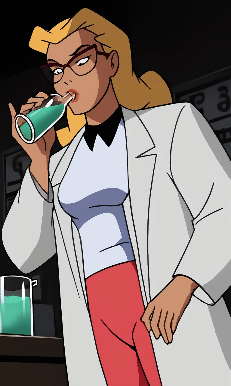 frbtas, 1girl, labcoat, drinking, holding, drinking from a (beaker), teal liquid, blonde hair, white shirt, pink pants, medium breasts, dramatic lighting, glasses, cowboy shot, dutch angle, laboratory background, <lora:She-Bat_-_Batman_Animated_v1:0.7>, <lora:dcau-330:0.4>, <lora:batman_pony_v1:0.3>, <lora:DrinkingDwntsy:0.7>, score_9, score_8_up, score_7_up, score_6_up, score_5_up, score_4_up,