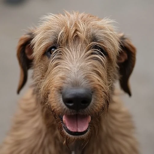 friendly appearance. Its ears are floppy, typical of the breed's rough texture., likely a breed such as an Irish Wolfhound or a Rough Collie, facing the camera. Its ears are long and droopy, slightly wavy mane that frames its face., giving it a textured appearance., expressive brown., likely a breed such as an Irish Wolfhound or a similar type, has a thick