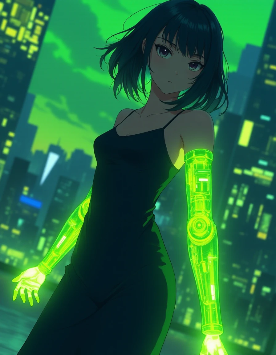 glowing prosthetic, anime semi realism, close up portrait of woman with a glowing green prosthetic arm and hand, she is walking through a city <lora:Glowing_Prosthetic:1>