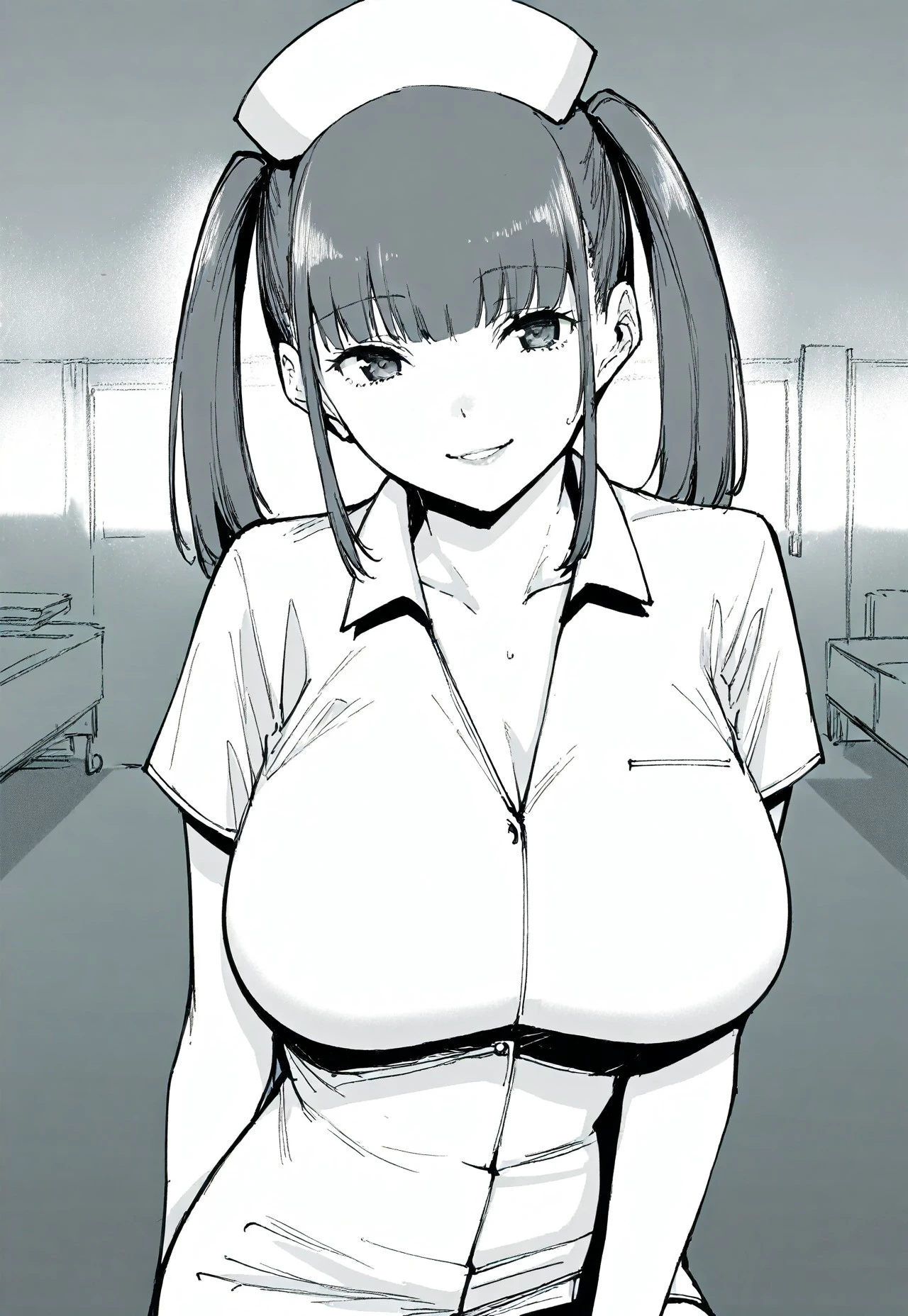 safe_pos, masterpiece, best quality, amazing quality, very aesthetic, absurdres, newest, scenery, 1girl, solo, large breasts, monochrome, greyscale, twintails, nurse, hat, nurse cap, Narrow shoulder, smile, seductive, looking at viewer 