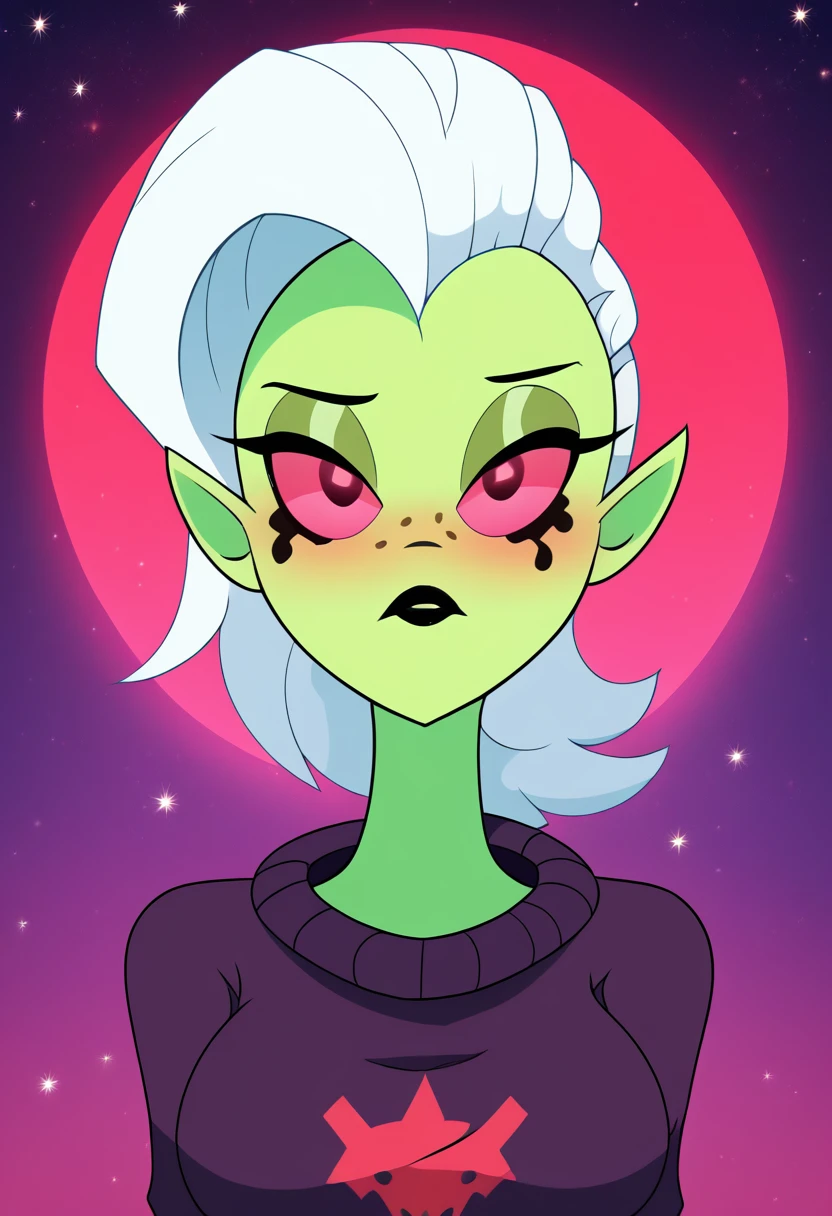 zPDXL, score_9,score_8_up,score_7_up,_up,source_cartoon, best quality, amazing quality, masterpiece, 1girl, looking at viewer, solo, blush, lord dominator, green skin, white hair, pink eyes, freckles, (no nose) , no nostrils, pointy ears, black lips, <lora:LordDominator:0.8>, dark forest, night, red moon, stars at the sky, wallpaper, beautiful nature, beautiful background, clevage,sweater, large breast, visible boobs,  dalley alpha, <lora:DalleyLeAlpha:1.2>