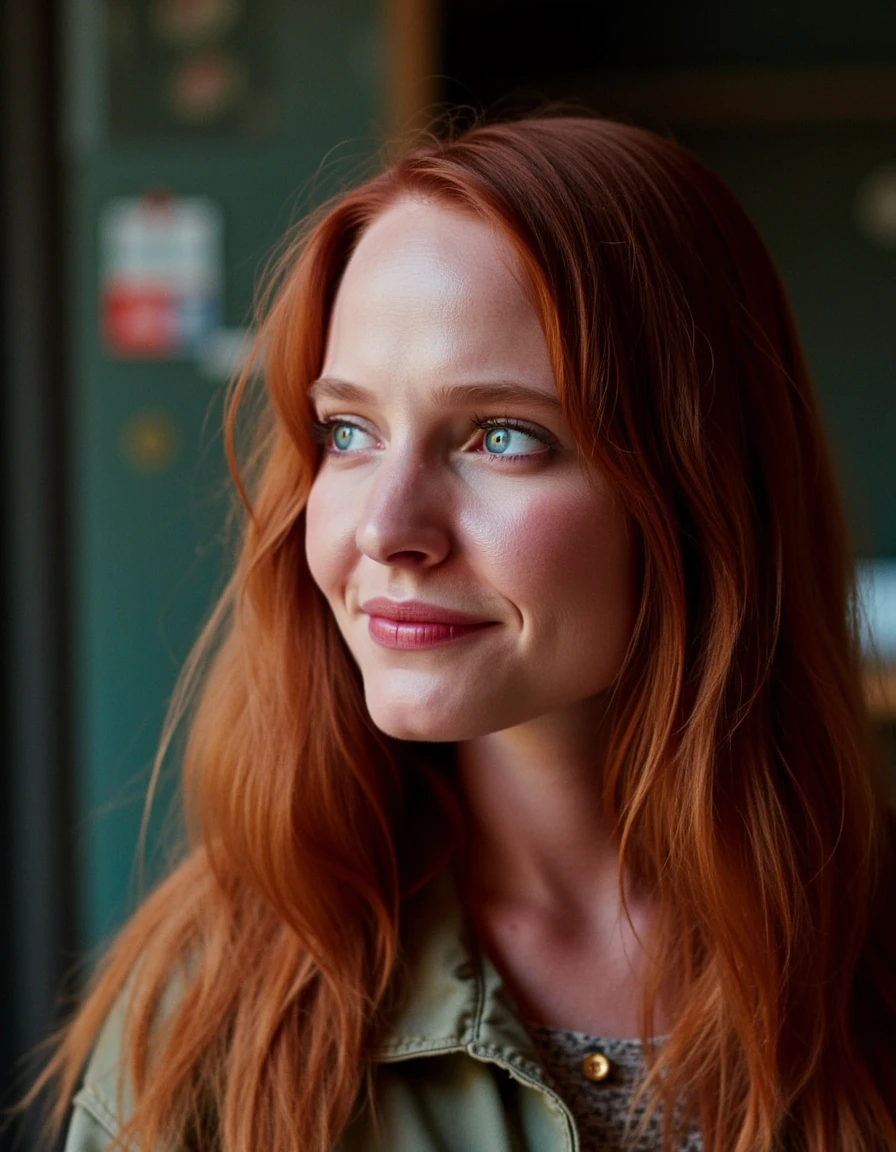 A full body shot of a red haired young woman, wearing casual clothes. She has bright beautiful face makeup, and her expression is calm and contemplative happy. She's looking at the viewer.  She's at school. Her smile is innocent, naive and sincere. The image is high-contrast, with deep blacks and blurry highlights. Camera Settings: Captured with a Canon EOS-1D X Mark III, 85mm lens, f/1.8, with high dynamic range to make the hair glow against the dark background.  <lora:Alice - nightmare on elm street 4:1>