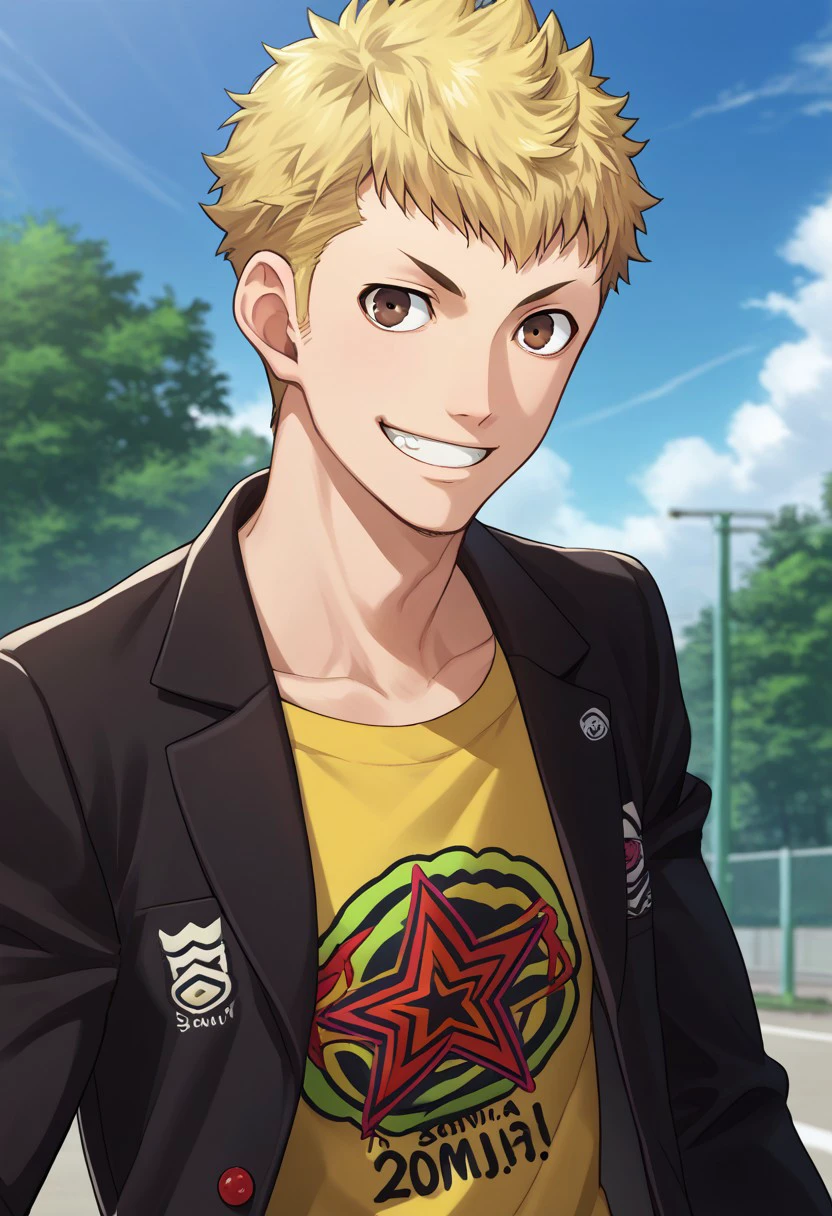 score_9, score_7_up, source_anime 
ryuji, 1boy, male focus solo, brown eyes, blonde hair, short hair, school uniform, shirt, yellow shirt, print  shirt, jacket, black jacket, long sleeves, open jacket, open clothes, smile, grin,
outdoor, sky,