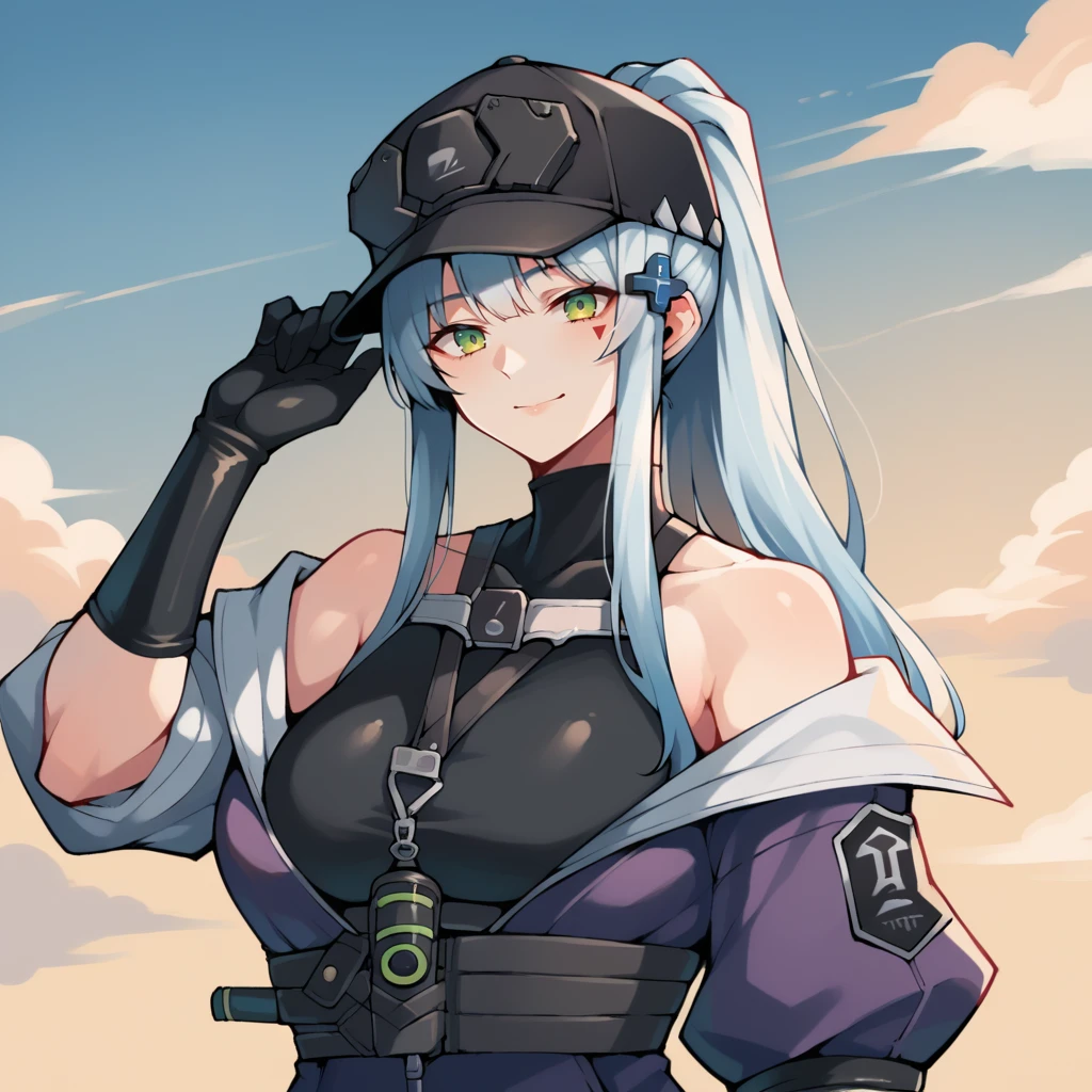 score_9_up, score_8_up, score_7_up, source_anime, 1girl, solo, sun light, clouds, sky, standing, hand in hair, looking at you, upper body, face focus, confident smile, closed mouth, Klukai, Hk_Def, baseball cap, tactical clothes, black shirt, sleeveless shirt, turtleneck, long hair, light blue hair, green eyes, ponytail, mask around neck, black thighhighs, elbow gloves, black gloves, bare shoulders, off shoulder, purple sleeves, puffy sleeves, black headwear, purple jacket, jacket, zipper, partially unzipped, facial mark, teardrop, hair ornament, mature body, dynamic cowboy shot, 