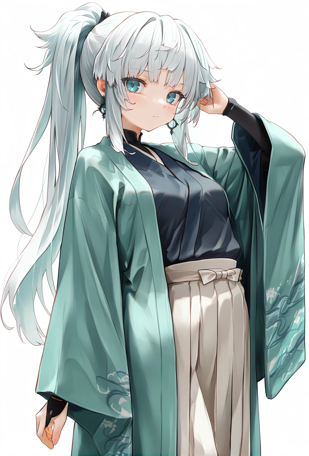 score_9, score_8_up, score_7_up, 1girl, general, <lora:yui_shousetsu:1>, japanese clothes, aqua kimono jacket, open jacket, dark blue shirt, blue eyes, white skirt, hakama skirt, ponytail, (kishimen hair:1.1), white hair, wide sleeves, earrings, (white background:1.25), blush, looking at viewer, masterpiece, best quality, amazing quality, very aesthetic, absurdres, newest, scenery, <lora:nyalia:0.35>, <lora:deal360acv illustrious 006:0.45>, <lora:dj_sloppa_ill_v2:0.2>