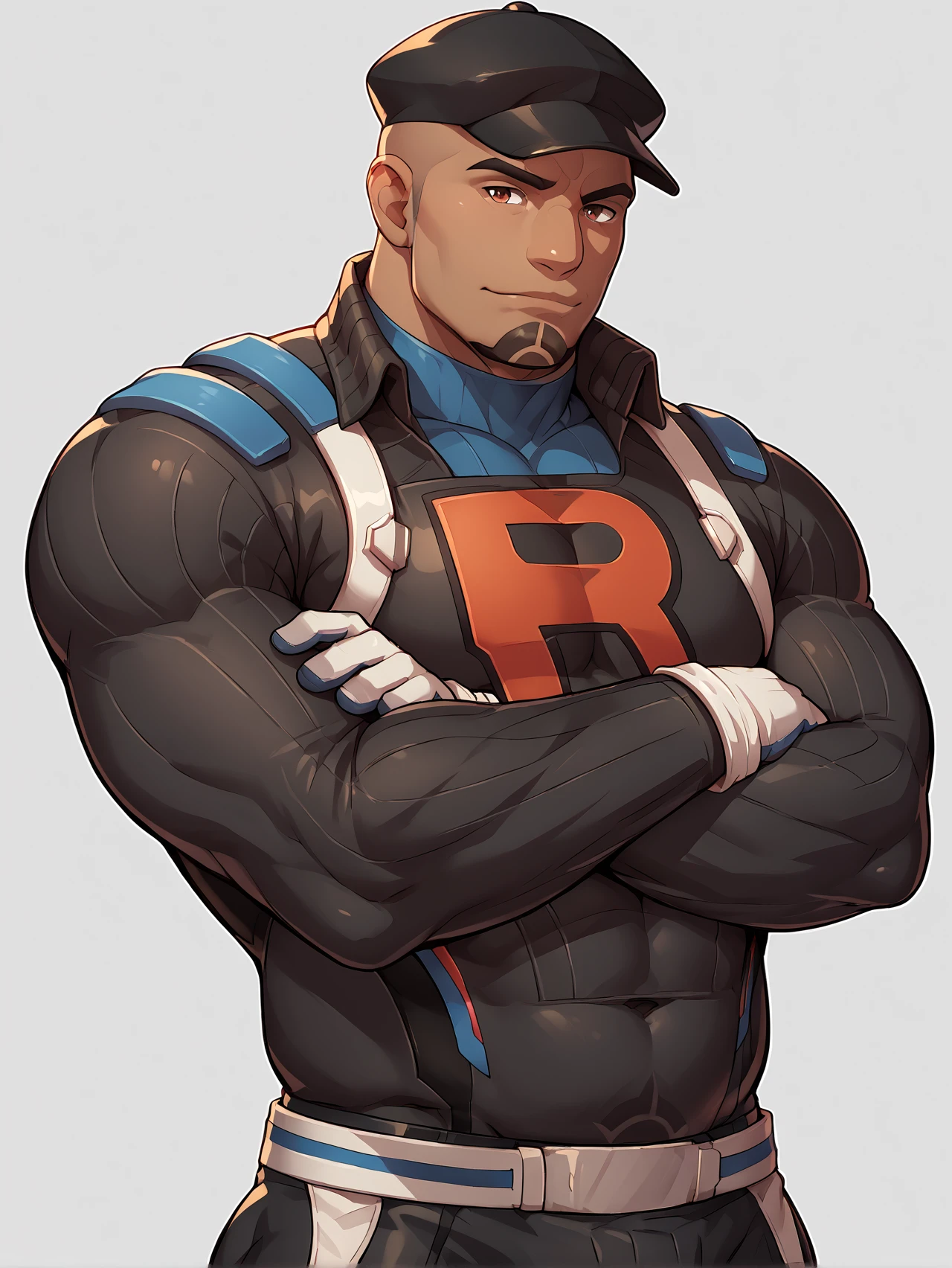 <lora:Cliff_PonyXL:0.95> cliffpokemon, black bodysuit, bodysuit, long sleeve, black headwear, gloves, muscular, bara, chubby, looking at viewer, dark skin, simple background, standing, cowboy shot, crossed arms, score_9, score_8_up, score_7_up, score_6_up,