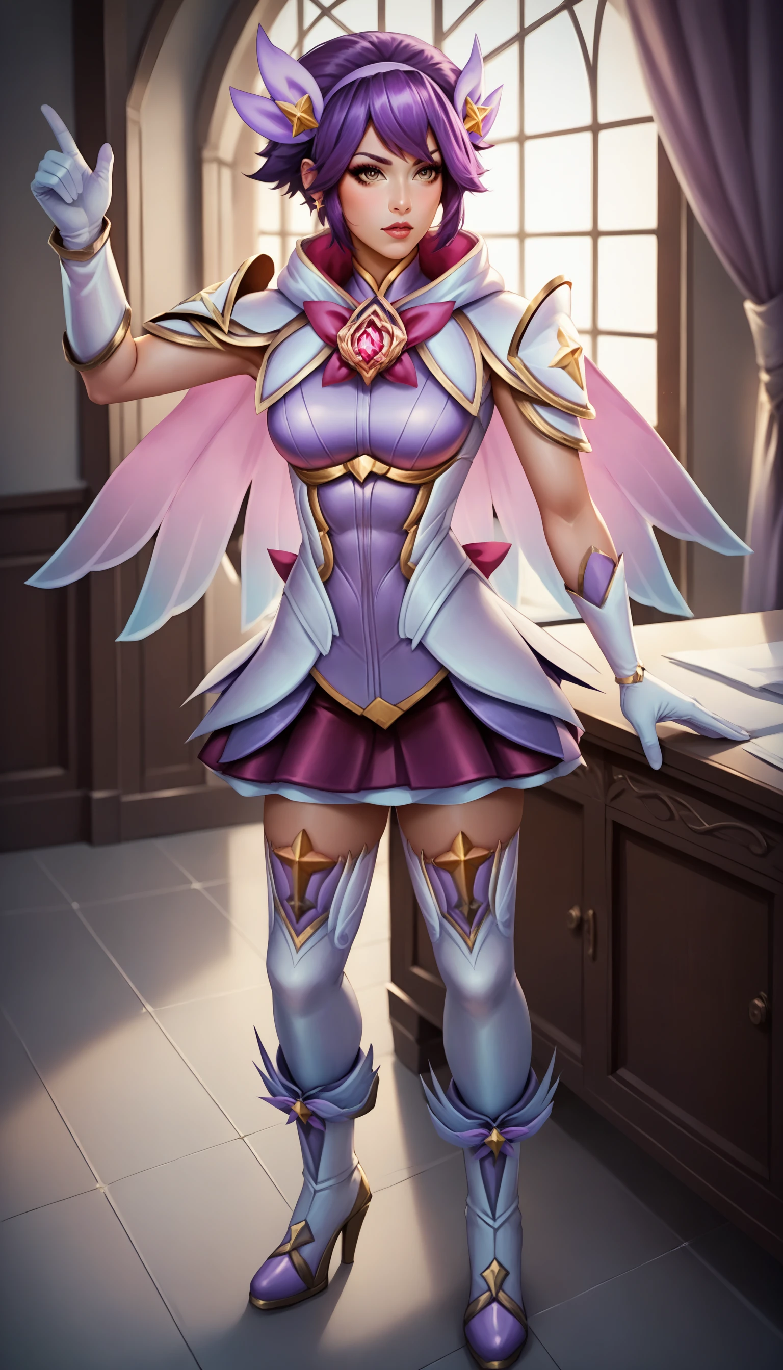 score_9, score_8_up, score_7_up, (masterpiece, best quality), uncensored,
star guardian quinn, 1girl, score_9, 1girl, breasts, short hair, skirt, hair ornament, gloves, full body, purple hair, boots, high heels, white thighhighs,  magical girl, capelet, vambraces
indoors, bedroom,