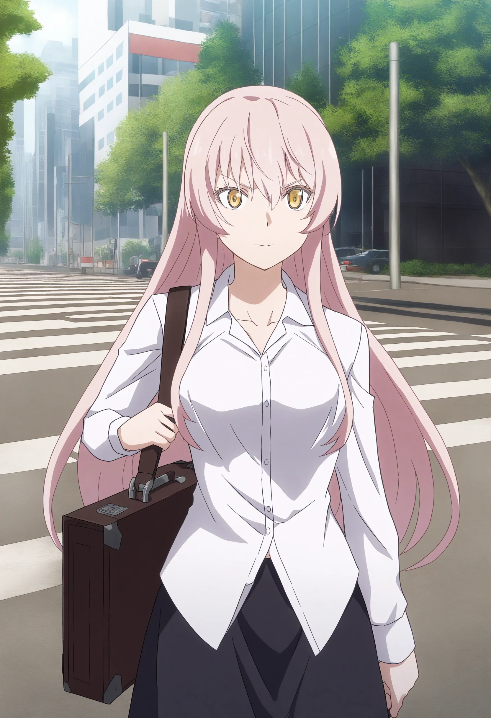 <lora:Ariane - [Skeleton Knight In Another World] - illustriousXL v1:1>, sysdeep_ariane, White pink hair, golden eyes, button-up shirt and chinos, standing, at a crosswalk, holding a briefcase, busy street