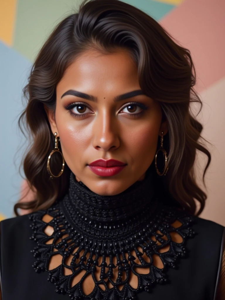 headshot photo of desi_light  skin color athletic woman, candid photo with natural colors, serious expression on face,studio quality, wearing intricate conservative turtleneck Black Lehenga Choli, curls, constrasting pastel multicolored background, cinematic soft lighting <lora:DesiCoffee_Flux_Kohya_LoRA_v2:1>âââ