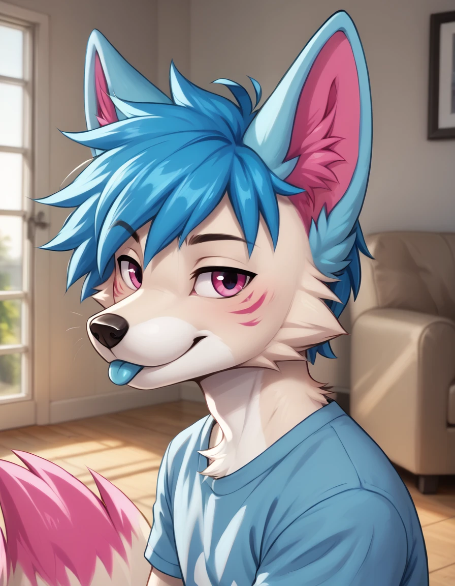 indoors, living room, 
Oliver,1boy,solo,blue hair,furry male,fox,animal ears,pink eyes,white fur,body fur,short hair,tail,bangs,two-tone fur,animal nose,snout,fox tail,fox ears,purple eyes,animal ear fluff,
headshot,seductive smile,long eyelashes,tongue out, head head tilt, v
green t-shirt, 
<lora:Oliver_v01_PDXL:1>,