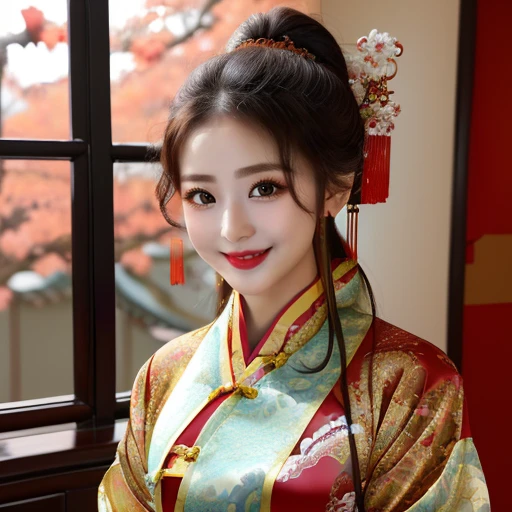 ((Highest quality)), ((masterpiece)), (detailed), (Perfect Face)、The woman has her medium-long hair tied up and is wearing a gorgeous red party Chinese dress with gold embroidery and trim, a long slit that shows off her thighs, and is dressed luxuriously with gorgeous accessories and an engagement ring.、The woman is smiling gently