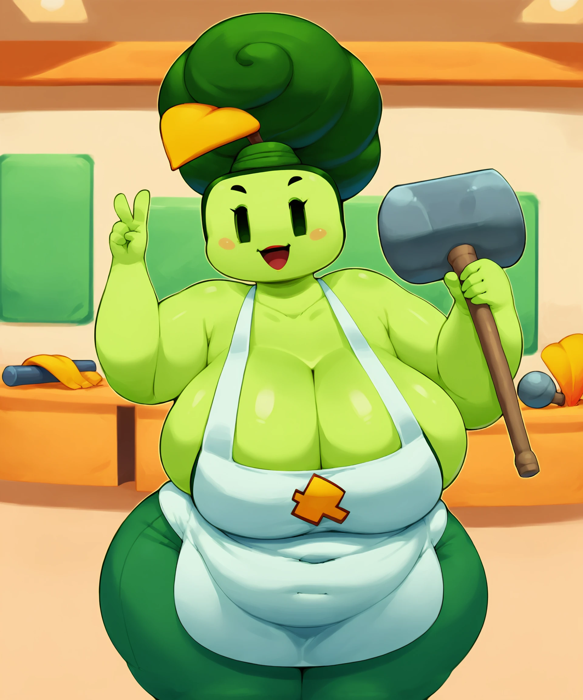 score_9, score_8_up, score_7_up, ml_w1llm4, 1girl, happy, smile, huge breasts, bbw, chubby, cleavage, hair bun, leaf, overweight female, plump, green hair, solo, wide hips, colored skin, green skin, apron, dot eyes, makeup, inside, tools, hammer