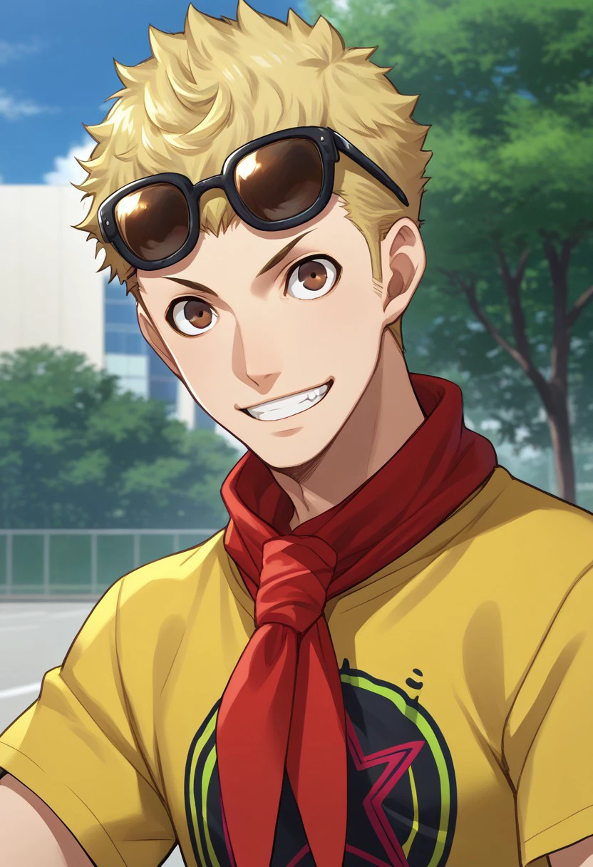 score_9, score_7_up, source_anime 
ryuji, 1boy, male focus solo, brown eyes, blonde hair, short hair, sunglasses, eyewear on head, shirt, t-shirt, yellow shirt, print shirt, short sleeves, scarf, red scarf, pants, upper body, smile, grin,
outdoor,