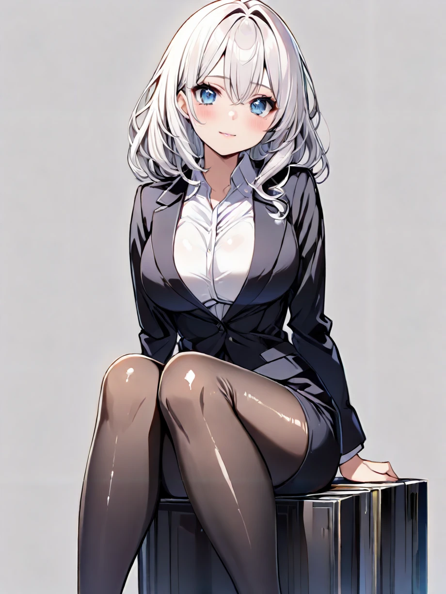 (masterpiece,ultra-detailed,best quality,8K,CG:1.2),illustration,(cute face,clean skin ,shiny hair,ultra-detailed-eyes:1.1),solo,1girl,large breasts,simple background, <lora:suit skirt_illustrious_V1.0:1> suit, pencil skirt, jacket, shirt,pantyhose,sitting,