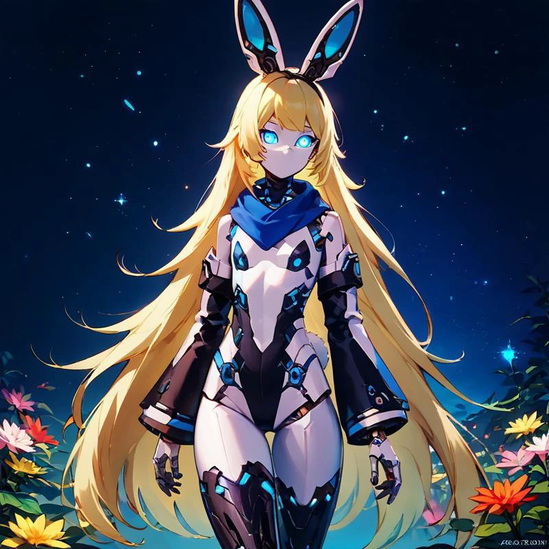 score_9, score_8_up, score_7_up, score_6_up, Sci-Fi, Sci-fi Environments, abstract background, white outline,, playboy cast, Android, Gynoid, blue body lights, glowing eyes, blonde hair, Very long hair, small breasts, petite body, robotic body, mechanical arms, mechanical legs, ball-jointed limbs, white mask, white pantyhose, black thigh highs, black detached sleeves, black hairband, mechanical bunny ears,standing in a lush green garden, sky srapers, surrounded by colorful flowers, bright sunny day, elegant and relaxed pose, serene and magical atmosphere,