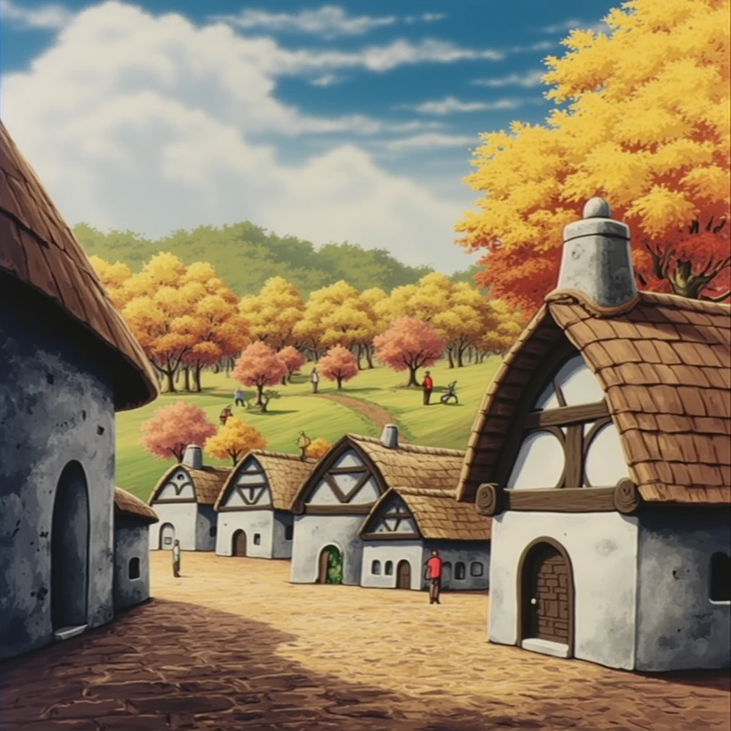 In style of Windaria. A quiet village nestled in a valley, with cobblestone streets, thatched cottages, and townsfolk going about their day, surrounded by a golden autumn forest.