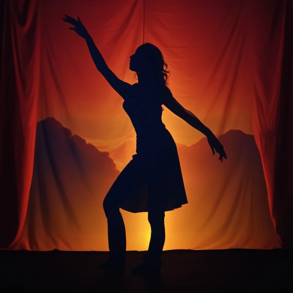 Top quality, masterpiece, woman, swimsuit, silhouette with full body in shadow, double exposure, one hand raised and back turned, facing backwards