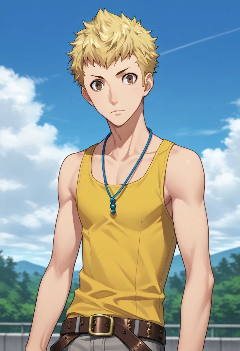 score_9, score_7_up, source_anime 

ryuji, 1boy, male focus solo, brown eyes, blonde hair, short hair, tank top, yellow tank top, jewelry, necklace, belt, pants, grey pants,

outdoor, sky, 