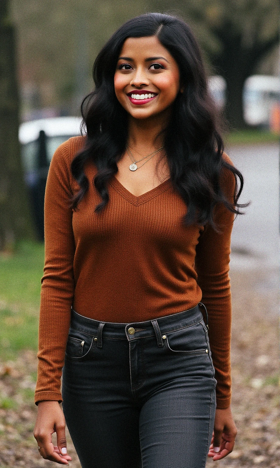 black woman, 1girl, selfie, looking at viewer, blue eyes,  smile, standing, depth of field,  red jeans, shirt tucked in,