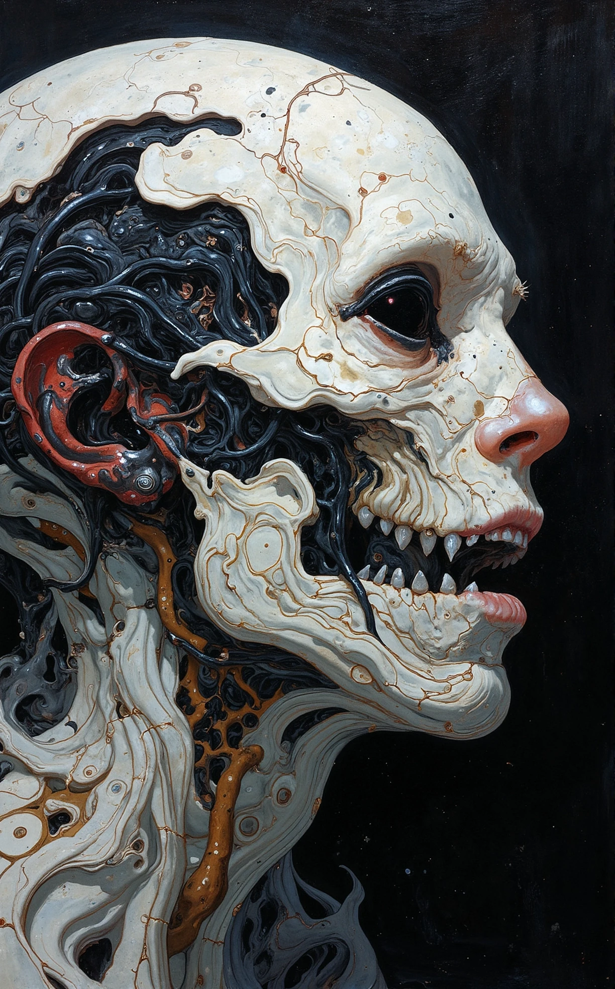 Off-center composition, full body with slight upward angle, an other wordly white alien like monstrous creature, erotic female, black glossy fractal skin leather texture, deap sea, slimey, teeths, black eyes, biomechanical style dreamscape dark art by Conrad Felixmüller, renaissance art by Giorgio Vasari, , Renaissance, historical narrative, allegorical, expressionism, social commentary, dynamic, bold . surreal, ethereal, dreamy, mysterious, fantasy, highly detailed . blend of organic and mechanical elements, futuristic, cybernetic, detailed, intricate