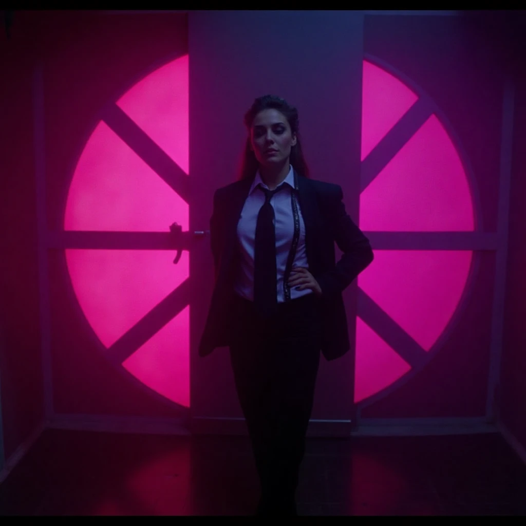 A photorealistic full body shot,  of a woman, front view, looking at viewer, she's wearing a fancy beautiful women suit, wearing dramatic black makeup. in a demonic hell gate entrance, scene colors: purple, magenta and red, colors and amazing contrasting vibrant colors. well-lit face, The shot is captured in a wide-angle with a low perspective, creating a dreamlike contrast between the worlds. Soft pastels and muted grays set the mood. Camera Settings: Captured with a Canon EOS 5D Mark IV, 35mm lens, f/1.8, with a slight bokeh effect in the background,krst,hllrsr