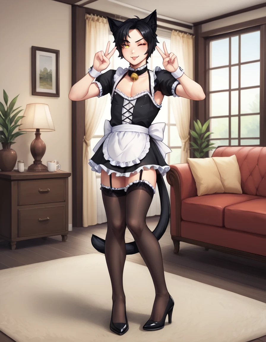 indoors,living room,
Author,1boy,solo,cat boy,animal ears,black hair,cat ears,short hair,tail,yellow eyes,cat tail,neck bell,parted bangs,
full body,seductive smile,long eyelashes,
maid,maid headdress,thighhighs,high heels,duster,double V,tongue out,one eye closed,
<lora:Author_v01_PDXL:1>,
<lora:add-detail-xl:1>,