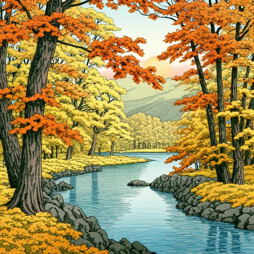 A scene set in autumn where the leaves are turning yellow and orange. Falling gentle upon the ground. As a river stretches between the trees and the sun softly sets in the distance, by Hasui Kawase