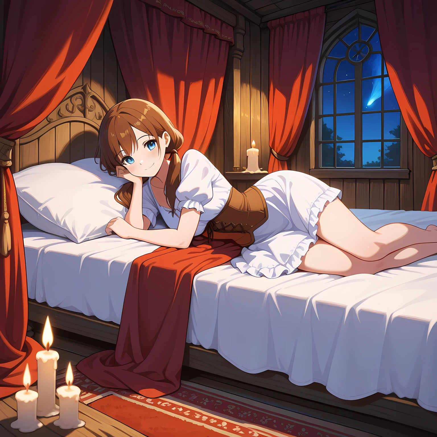 ethereal fantasy concept art of  masterpiece,best quality,amazing quality,  <lora:IL_Medieval_brothel_Bedroom_r1:0.5> medieval_brothel, bedroom, canopy bed, wooden floor, wooden wall, candle, night, red curtains, carpet, window, 1girl, on side, on bed, brown hair, low twintails, blue eyes, depth of field, head rest, light smile, light blush, white shirt, puffy short sleeves, brown corset, white skirt, frilled skirt, nightgown,  . magnificent, celestial, ethereal, painterly, epic, majestic, magical, fantasy art, cover art, dreamy