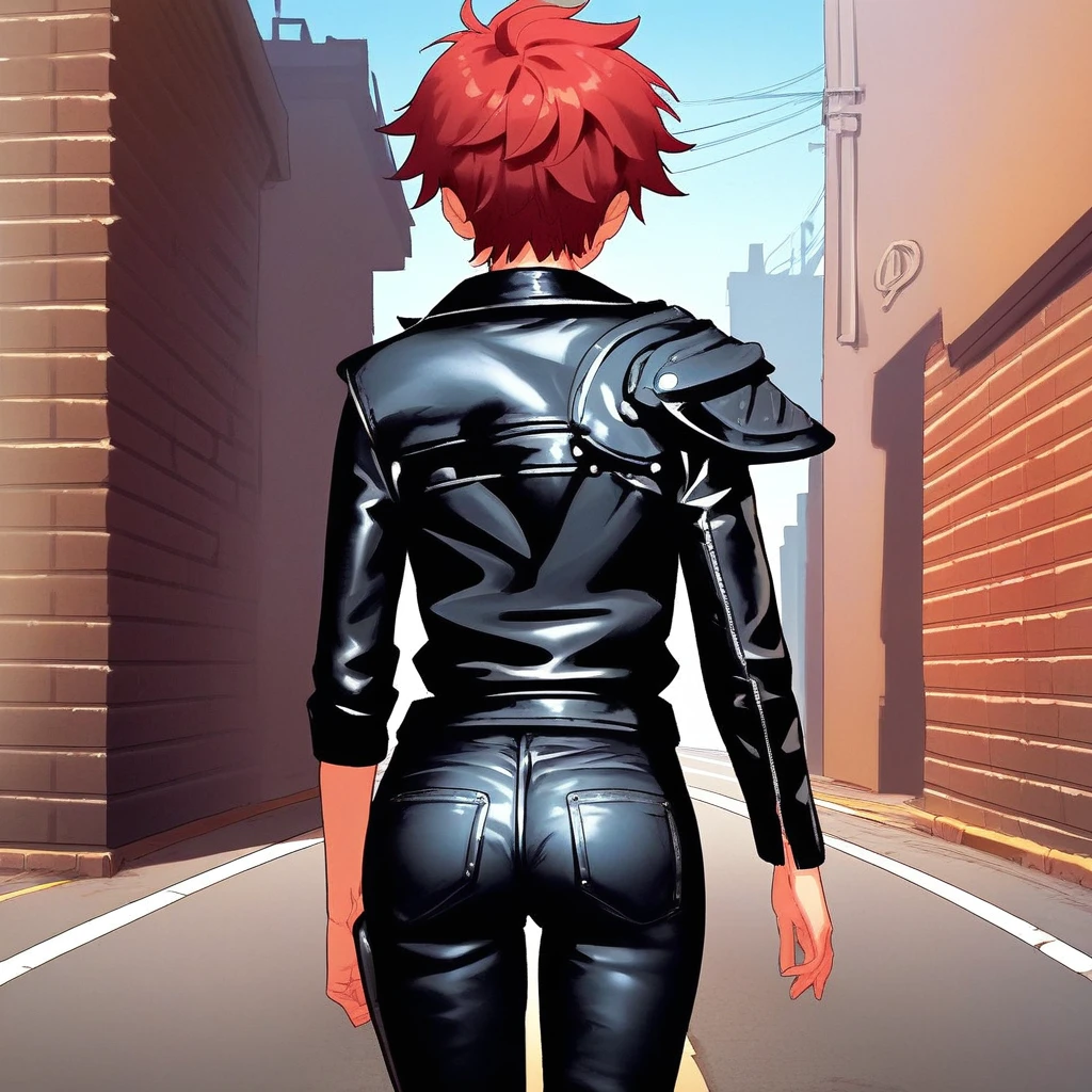 score_8, score_8_up, score_7_up, source_anime, anime screenshot, 1girl, female focus, from behind, solo, tomboy, red hair, short hair, road_wargear, leather jacket, asymmetrical clothes, asymmetrical sleeves, single pauldron, leather pants, black pants, cowboy shot, brick wall, indoors,