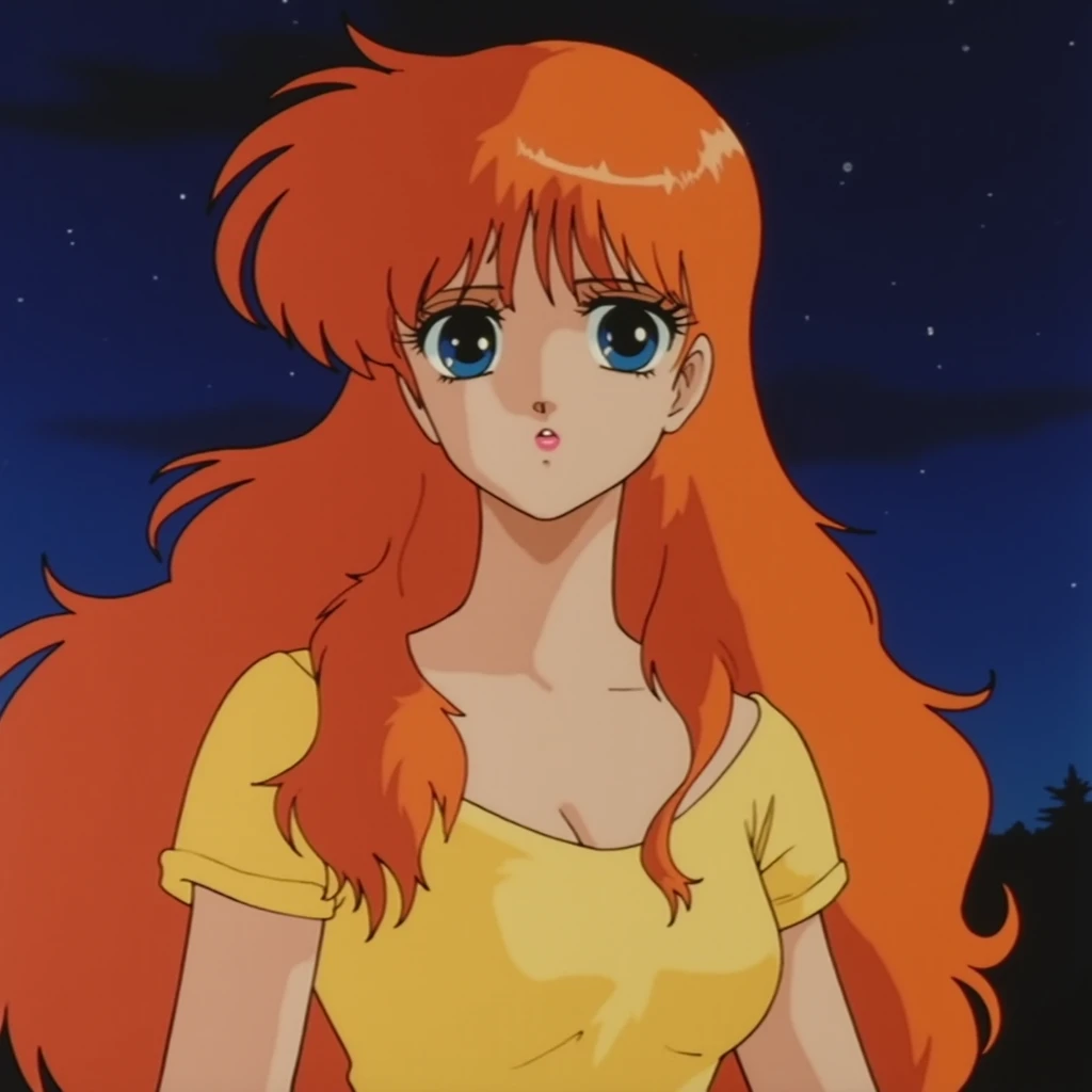 In style of Windaria. Woman with long, flowing orange hair. She is wearing a yellow top and is set against a dark, starry sky background. The character's expression is serene and contemplative, with a slight smile on their face. The overall scene has a peaceful and dreamy atmosphere.