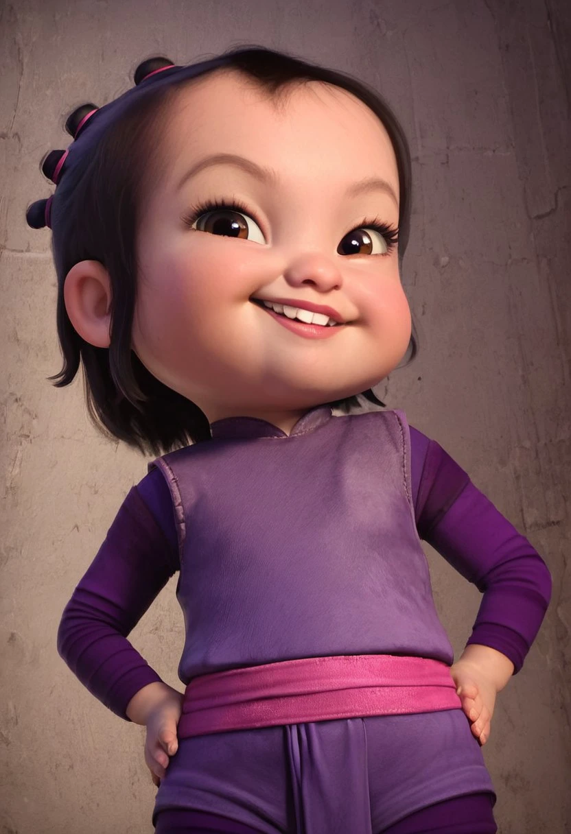 noi (ratld), 1girl, chibi, big head, short black hair (short pigtails), brown eyes, chubby cheeks, little buckteeth, violet long-sleeve shirt (lighter violet vest overtop), pink sash, barefoot, short legs, plump, score_8_up, score_7_up, BREAK, 1girl, solo, smirk, hands on hips, bend over viewer, looking at viewer, detailed background, 4k, masterpiece, best quality, highly detailed, realistic, 3d, low angle shot, from below, flat chest