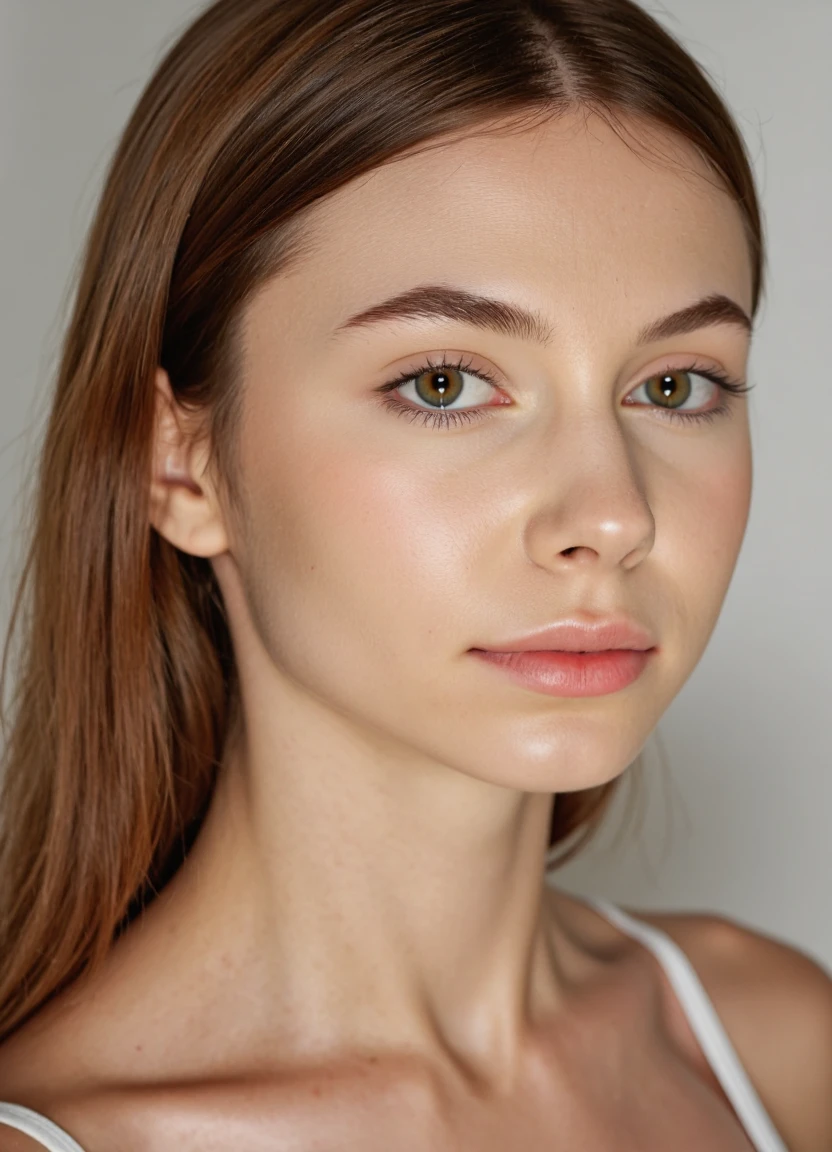 headshot photography of a young woman, cleavage, slim body, little smile, studio lighting, high end, detailed skin, Photorealistic, realistic, Canon 5D Mark IV 85mm f/1.8, realistic eyes, detailed eyes, 32k UHD