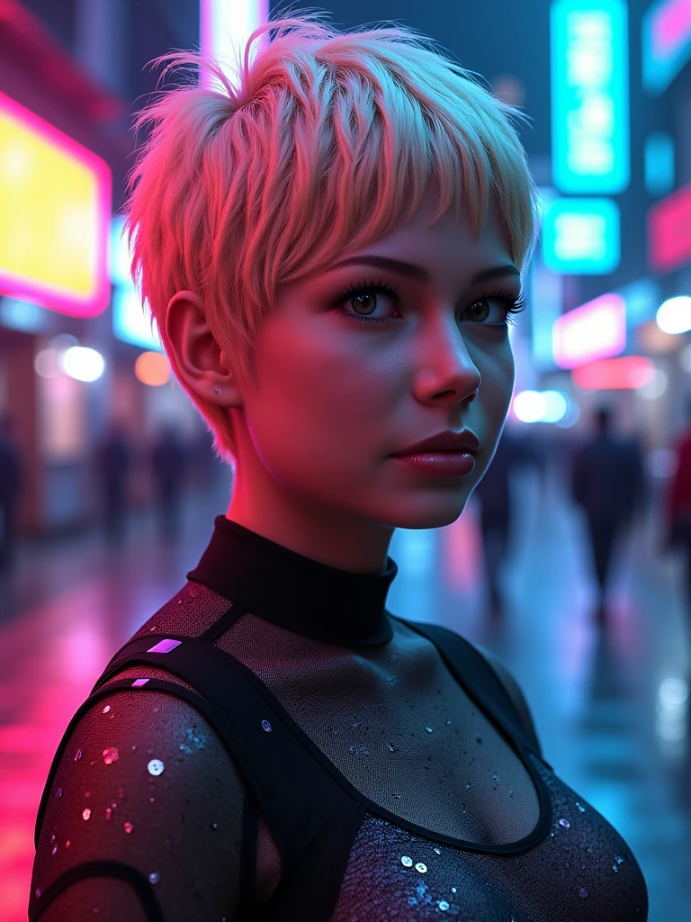 mich3113wi114m5, blonde hair, (short pixie haircut:1.5), hazel eyes, wearing holographic cyberpunk clothing, surrounded by neon-lit cityscape reflections, vray render, ray tracing, subsurface scattering, by Josan Gonzalez and Liang Mark (upper body shot), (looking at viewer:1.3), (hyper realistic:1.3), (portrait:1.2), highly detailed eyes, (highly detailed skin:1.3), (freckles:0.6), pores, (4k), back lit, rim light,