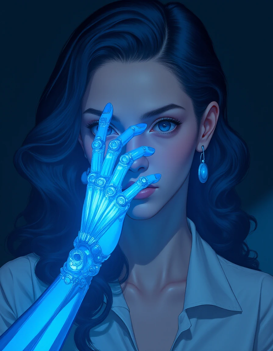 semi realism anime style, a woman with a glowing prosthetic hand on her face, glowing blue  <lora:Glowing_Prosthetic:1>