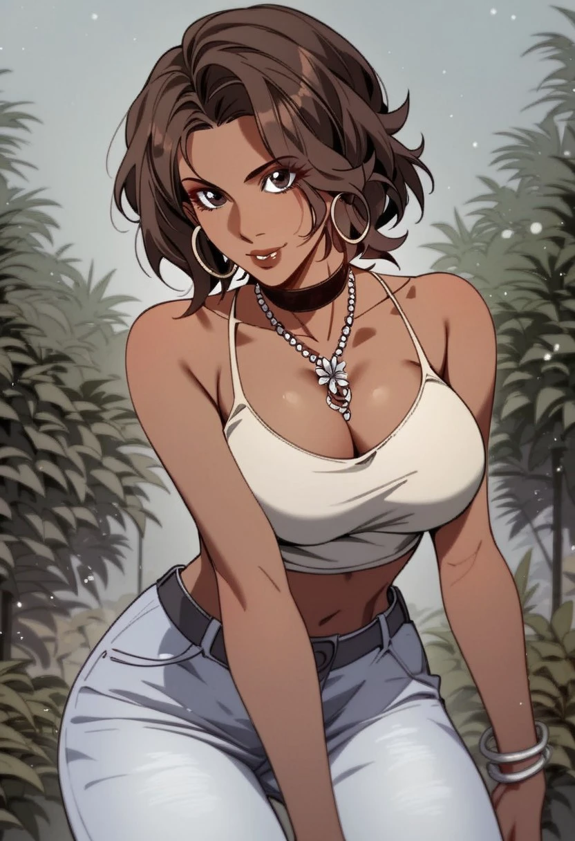 score_9, score_8_up, score_7_up, BREAK, Leah_Assistant, dark-skinned female, short hair, brown hair, brown eyes, large breasts, hoop earrings, pearl necklace, bracelet, black choker, cleavage, white tank top, crop top, midriff, black belt, jeans, 1girl, solo,