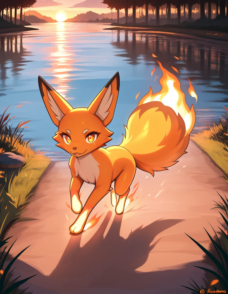 <lora:Palworld_Foxparks_V1[IL]:1>  foxparks,warm lighting, detailed-face, detailed-eyes, detailed-background, textured fur, foxparks, fox, flaming paws, flaming tail, furry, tail, beautiful lake, glowing orange eyes, running, looking at viewer, happy,, masterpiece,best quality,amazing quality,very aesthetic,absurdres,newest,