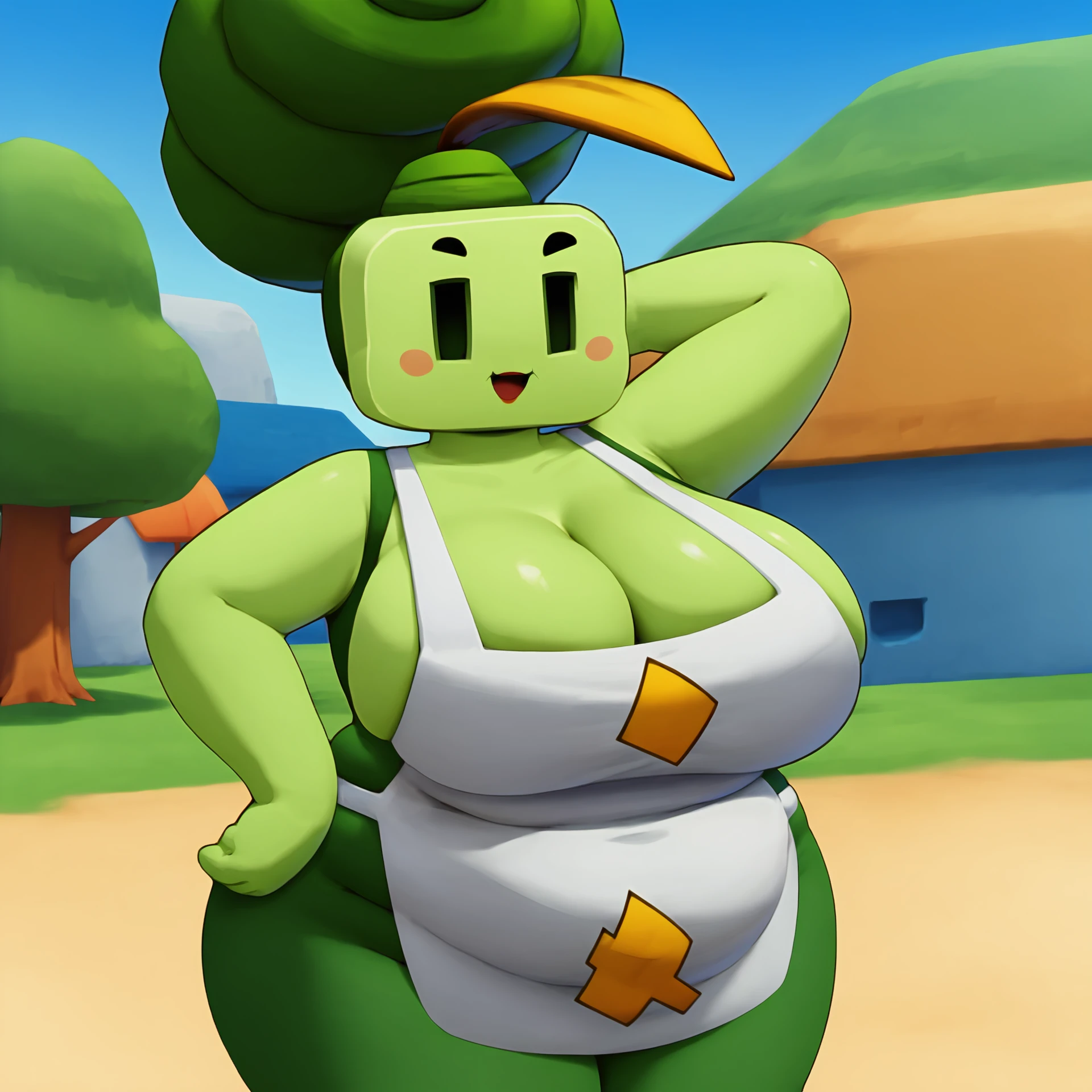 score_9, score_8_up, score_7_up, ml_w1llm4, 1girl, hand behind head, hand on hip, happy, smile, huge breasts, bbw, chubby, cleavage, hair bun, leaf, overweight female, plump, green hair, solo, wide hips, colored skin, green skin, apron, dot eyes, makeup, outside