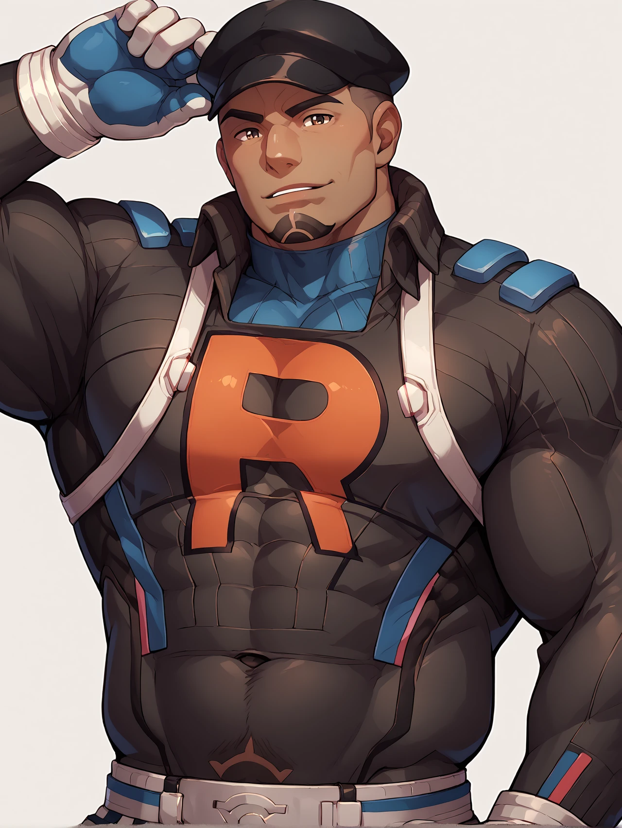 <lora:Cliff_PonyXL:0.95> cliffpokemon, black bodysuit, long sleeve, black headwear, gloves, muscular, bara, chubby, looking at viewer, dark skin, simple background, score_9, score_8_up, score_7_up, score_6_up,