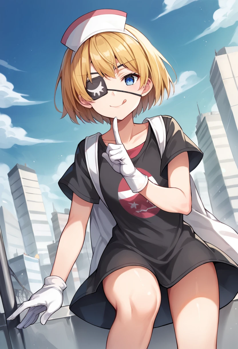 score_9,score_8_up,score_7_up,source_anime,masterpiece,best quality,dynamic_angle,1girl,solo,******_girl,blue eyes,blonde hair,brown hair,short hair,eyepatch,nurse cap,dress,black dress,short sleeves,white gloves,bag,looking_at_viewer,cowboy_shot,thighs,<lora:yakko:1>,smile,tongue_out,tongue,closed mouth,naughty_face,city,street,index_finger_raised,