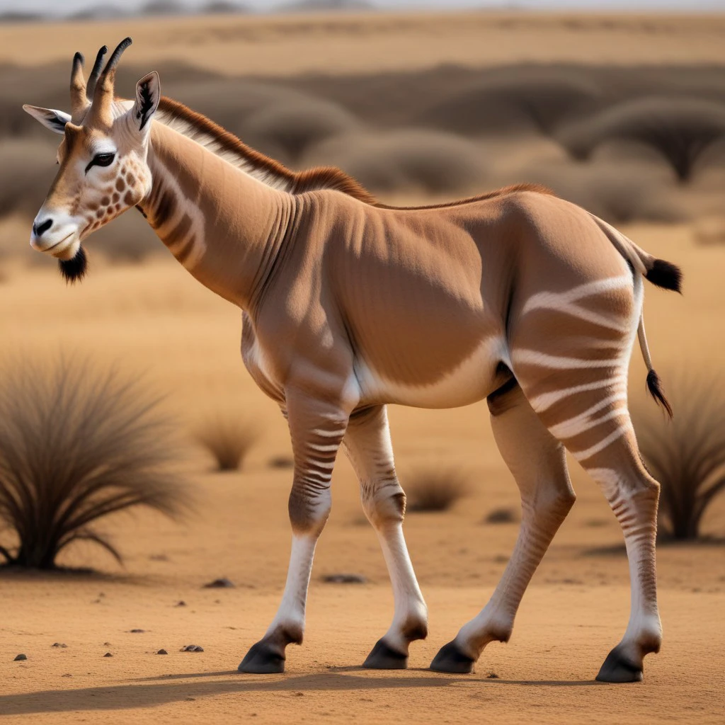 hybrid ocapi giraffe , brown goat ancestor, ancestral power animal with characteristics of several modern antelopes, looks like giant hybrid oryx ibex zebra