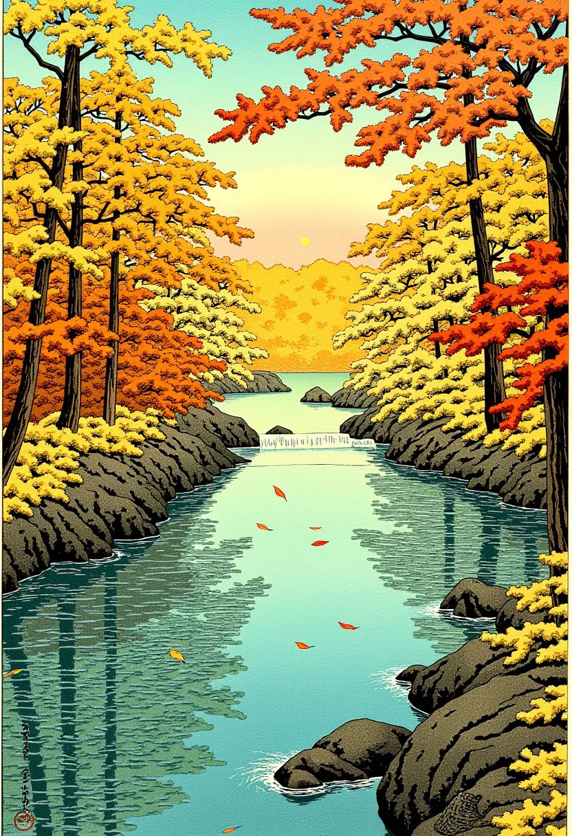 A scene set in autumn where the leaves are turning yellow and orange. Falling gentle upon the ground. As a river stretches between the trees and the sun softly sets in the distance, by Hasui Kawase, Hkawa