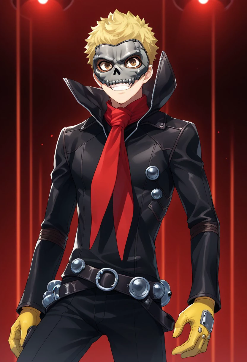 score_9, score_7_up, source_anime 
ryuji, 1boy, male focus solo, brown eyes, blonde hair, short hair, skull outfit, mask, skull mask, jacket, black jacket, high collar, leather jacket, leather, scarf, red scarf, gloves, yellow gloves,  belt, pants, black pants, grin,
indoor, darkness, dark, lights, red lights,