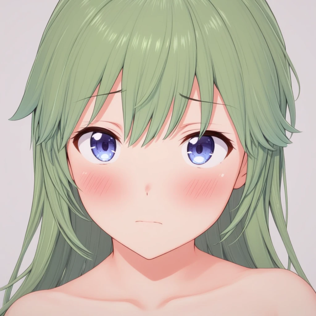 Io, 1girl, solo, looking_at_viewer, blush, simple_background, closed_mouth, nude, portrait, bemused, confused