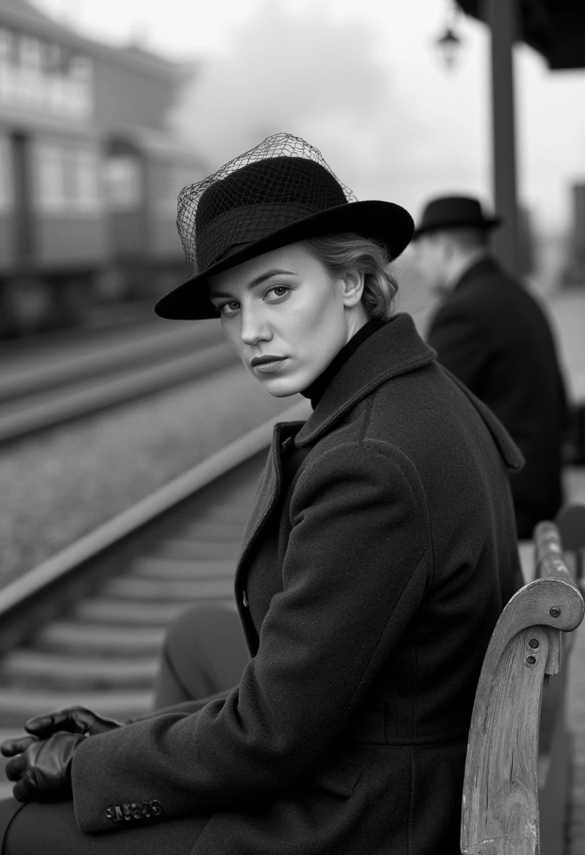 photo , realistic, irl,monochrome, greyscale, 1girl, hat, smoking, jacket, blurry, upper body, mouth hold, looking to the side, medium hair, cigarette, blurry background, smoke, coat, cabbie hat, wind, <lora:RetouchPhoto_PonyV6_v2.1:.9>
