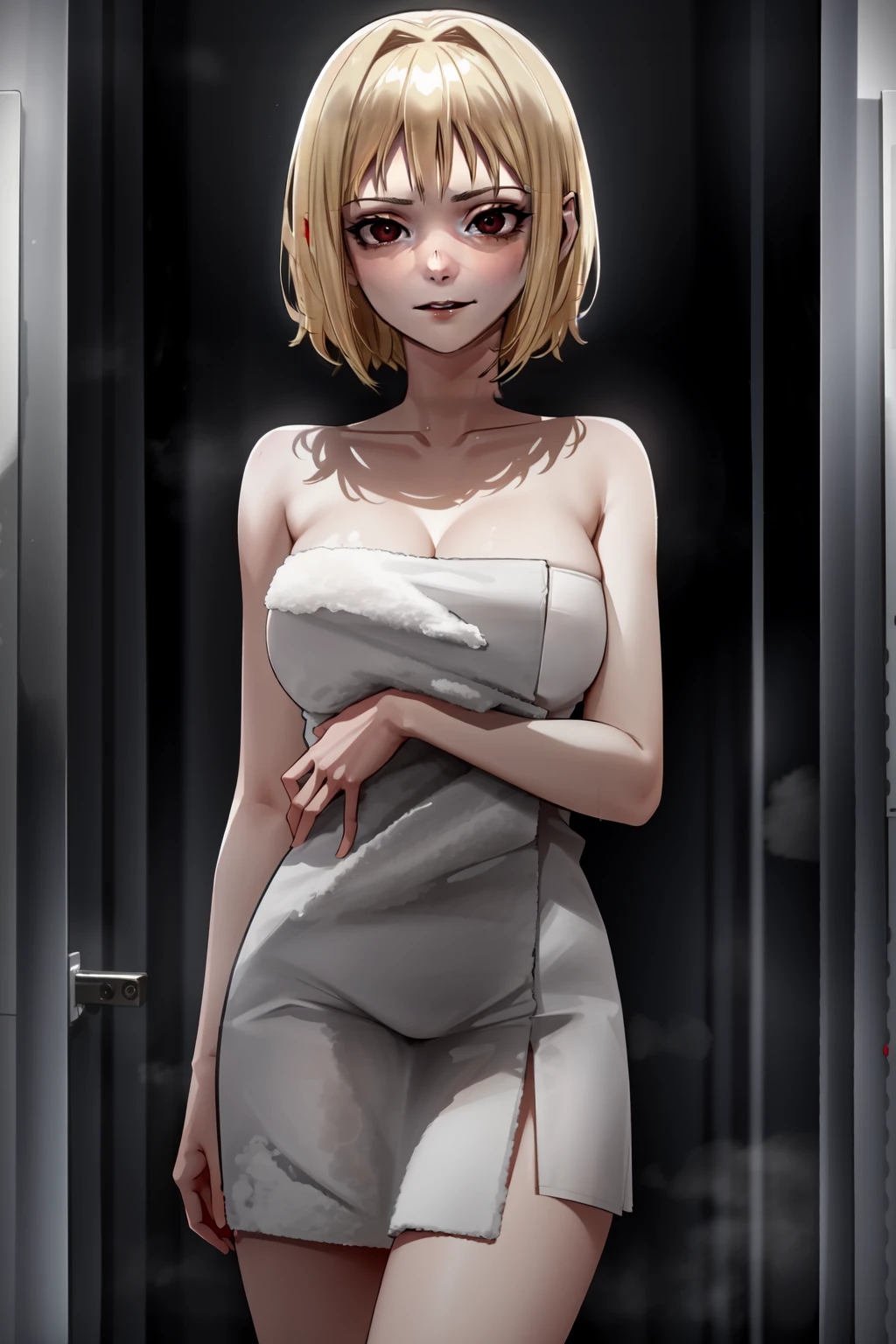 cinematic film still dark theme, hdr, marichka, 1girl,aftershower, towel, blonde hair, short hair, red eyes, looking at viewer, bare shouders, small braest, <lora:marichka_1:0.1> ,bathroom, inside, , <lora:After_Shower1.1:1>, <lora:LowRA:0.4>, (masterpiece, best quality, high quality, highres:1.4), extremely detailed, detailed skin, ambient soft lighting, 4K . shallow depth of field, vignette, highly detailed, high budget Hollywood movie, bokeh, cinemascope, moody, epic, gorgeous, film grain, grainy